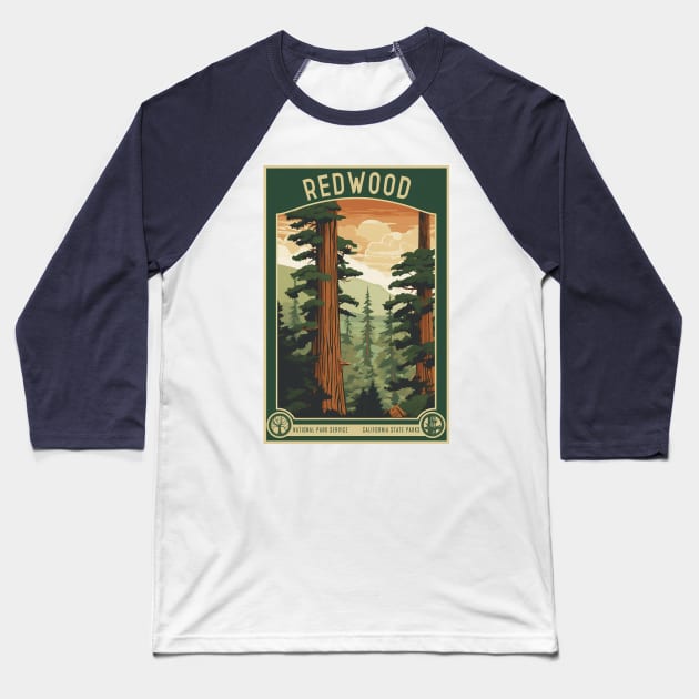 Redwood National Park Vintage Travel Poster Baseball T-Shirt by GreenMary Design